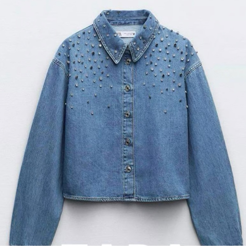 Zara Blue Studded Cropped Denim Shirt size M